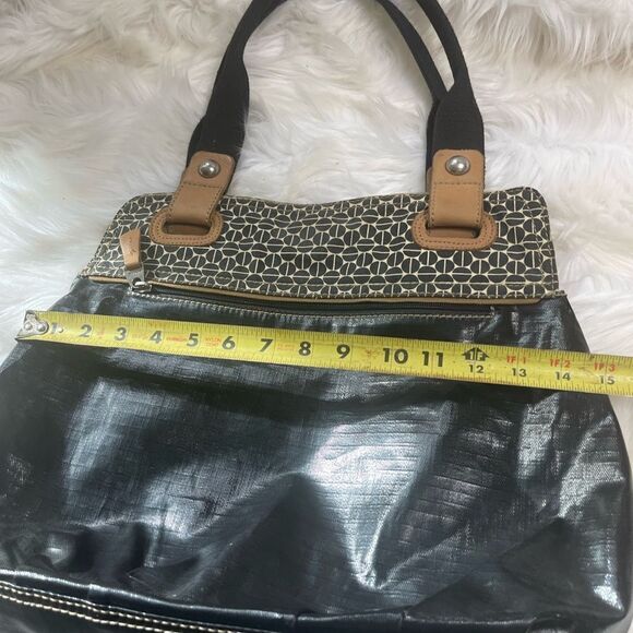 Fossil Key-Per Coated canvas black tan leather trim medium Shoulder . - Picture 9 of 11